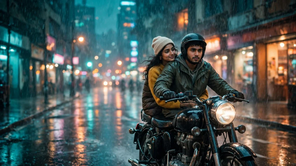 AI romantic couple video prompts hindi – baarish mein bike ride, sunset beach hug aur neon light wale couple reels