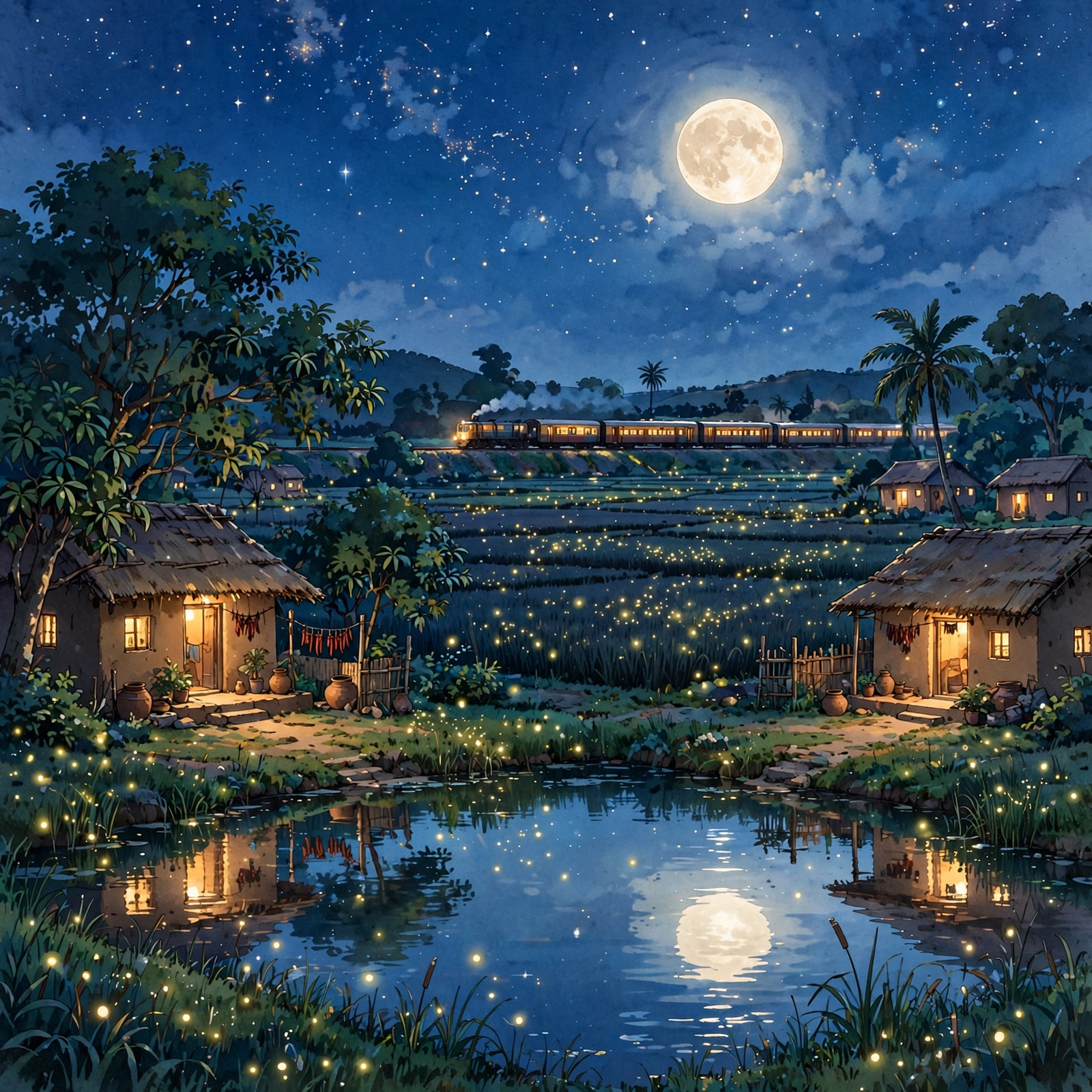 चांदनी रात में गांव का विहंगम दृश्य – Gaon AI video prompt