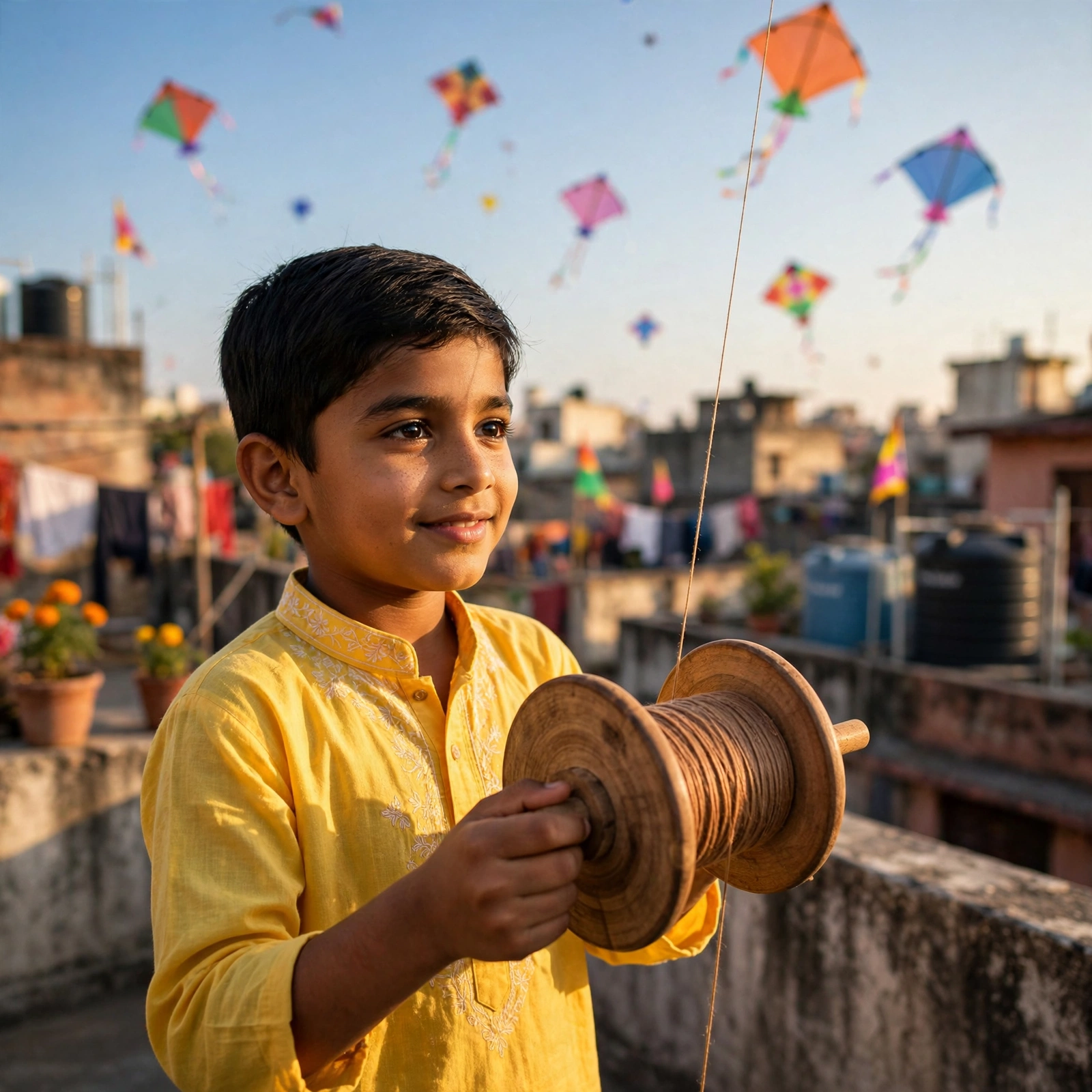 छत पर पतंग उड़ाता लड़का – Makar Sankranti AI video prompt