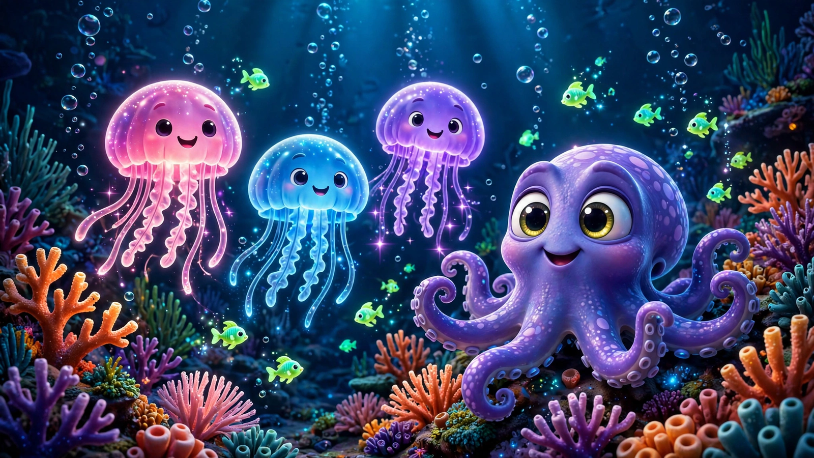 चमकते 3D cartoon समुद्री जीव — Deep Sea Creatures AI Video Prompts