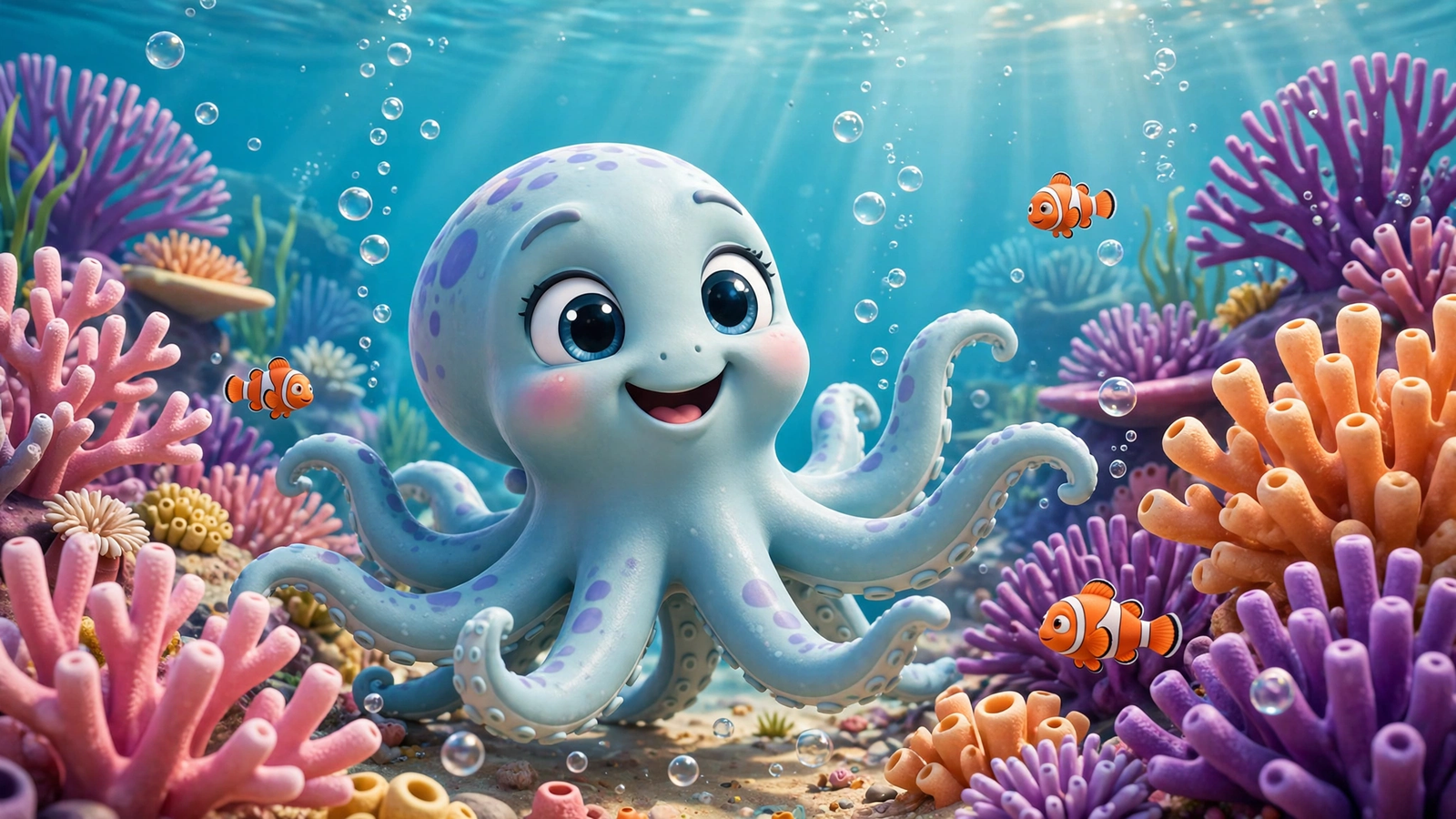 कोरल गार्डन में cute 3D cartoon ऑक्टोपस — Deep Sea Creatures AI Video Prompts