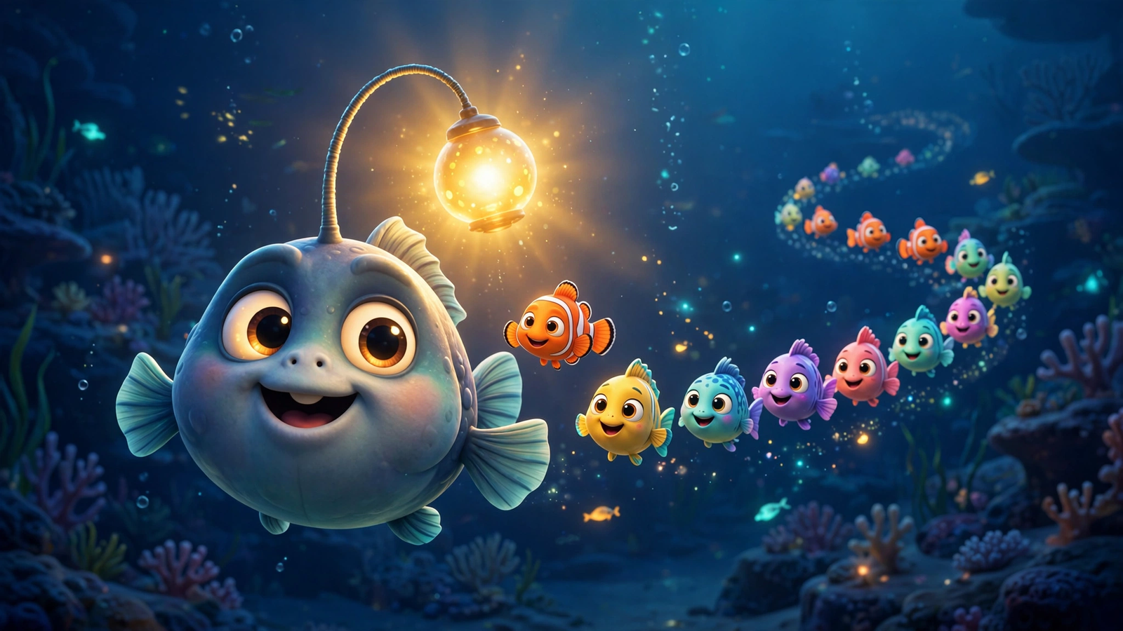 लालटेन वाली anglerfish की परेड — Deep Sea Creatures AI Video Prompts