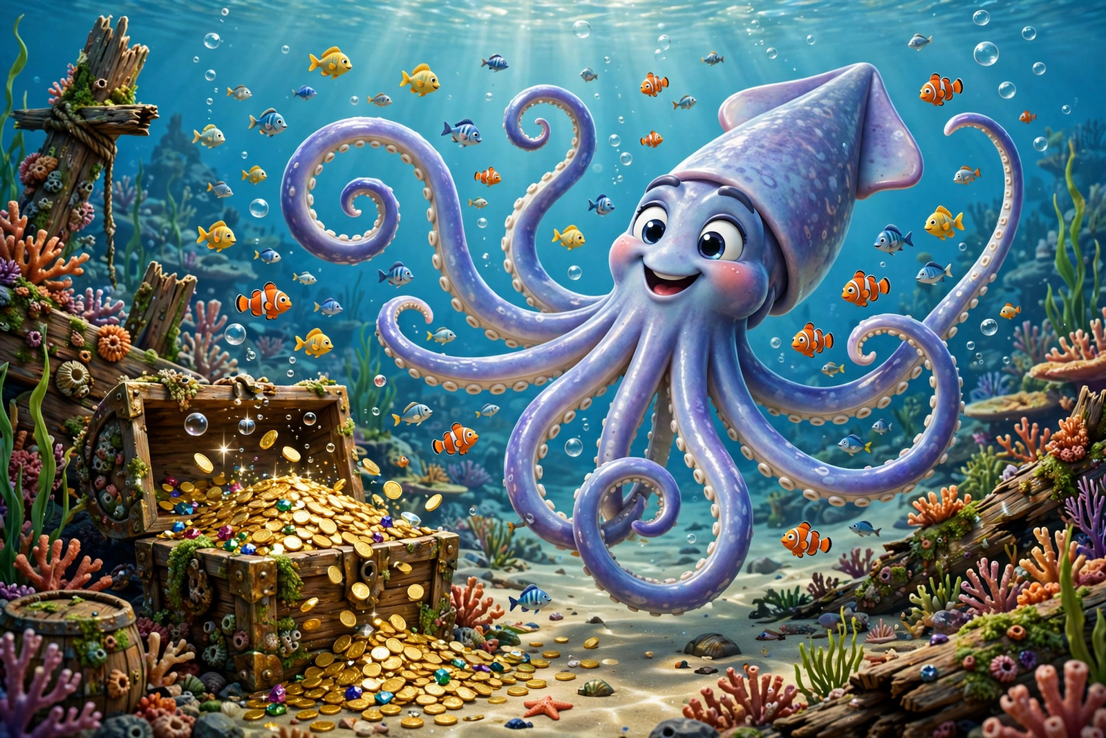 खजाने के पास दोस्ताना giant squid — Deep Sea Creatures AI Video Prompts