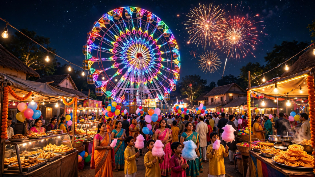 रात में जगमगाता गांव का मेला और झूला — Mela AI Video Prompts