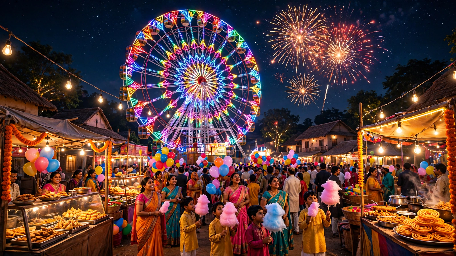 रात में जगमगाता गांव का मेला और झूला — Mela AI Video Prompts
