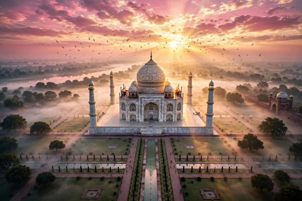 सूर्योदय पर ताज महल का cinematic दृश्य — Taj Mahal AI Video Prompts
