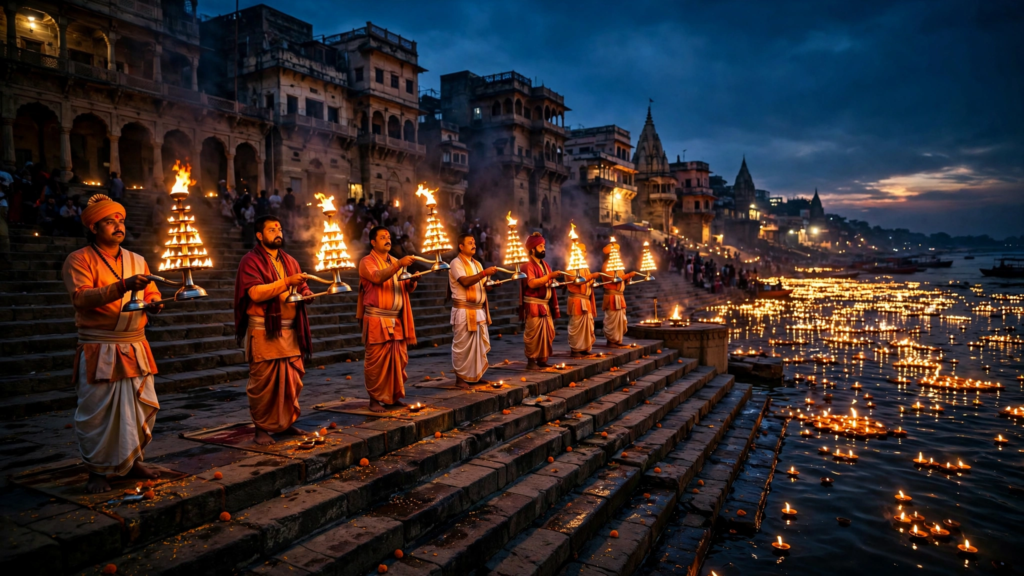 वाराणसी में भव्य गंगा आरती — Ganga Aarti AI Video Prompts