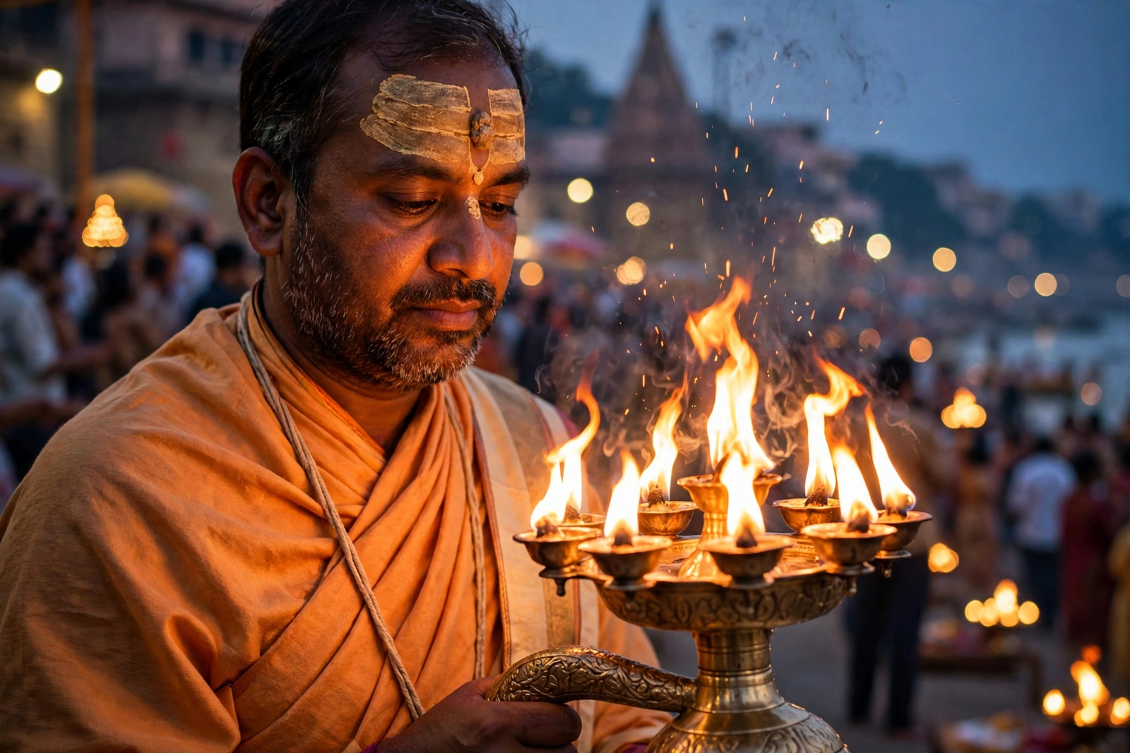सप्त-दीप से आरती करते पुजारी का close-up — Ganga Aarti AI Video Prompts