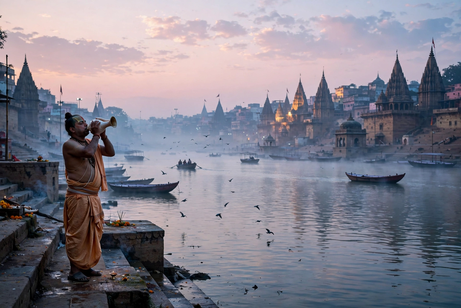 भोर की मंगला आरती में शंखनाद — Ganga Aarti AI Video Prompts
