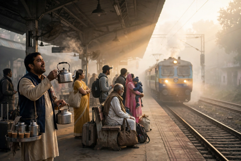 Indian railway station at early morning fog with chaiwala, passengers waiting and train arriving