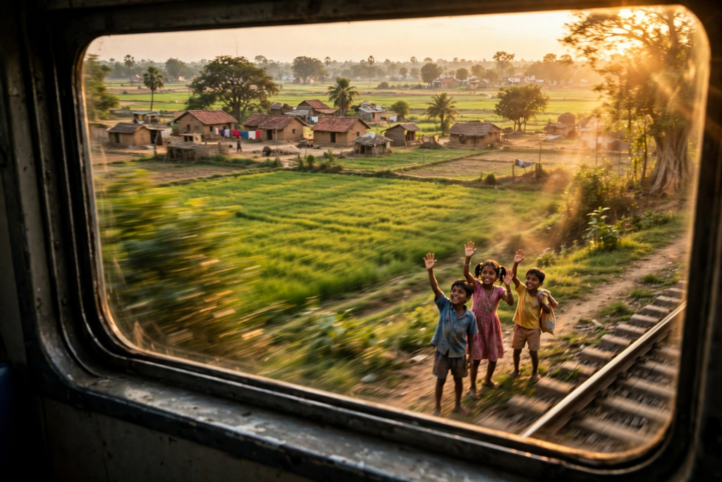 View from moving Indian train window over green fields and small village with children waving near tracks