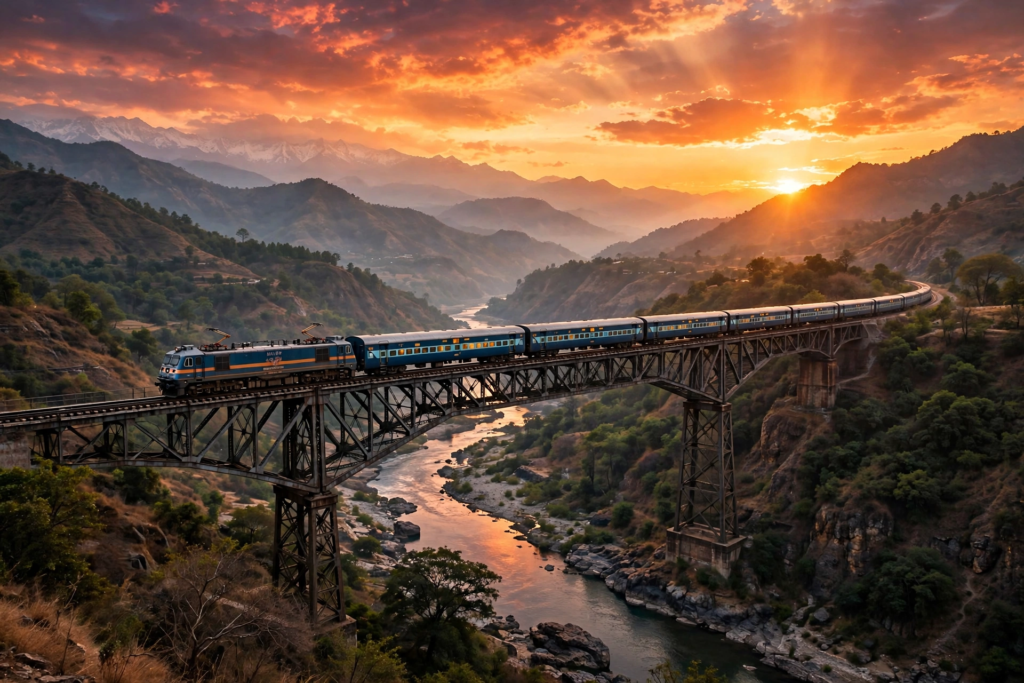 Indian train crossing a high bridge over river valley at sunset with orange sky and mountains