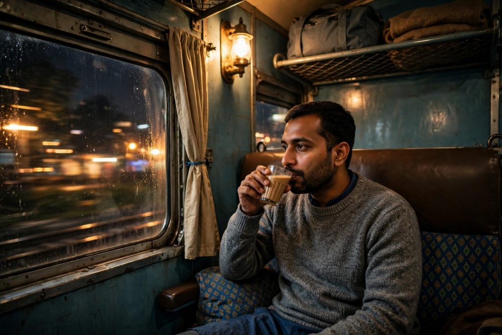 Inside Indian train coach at night, passenger sipping hot chai by window with warm lamp light and passing town lights