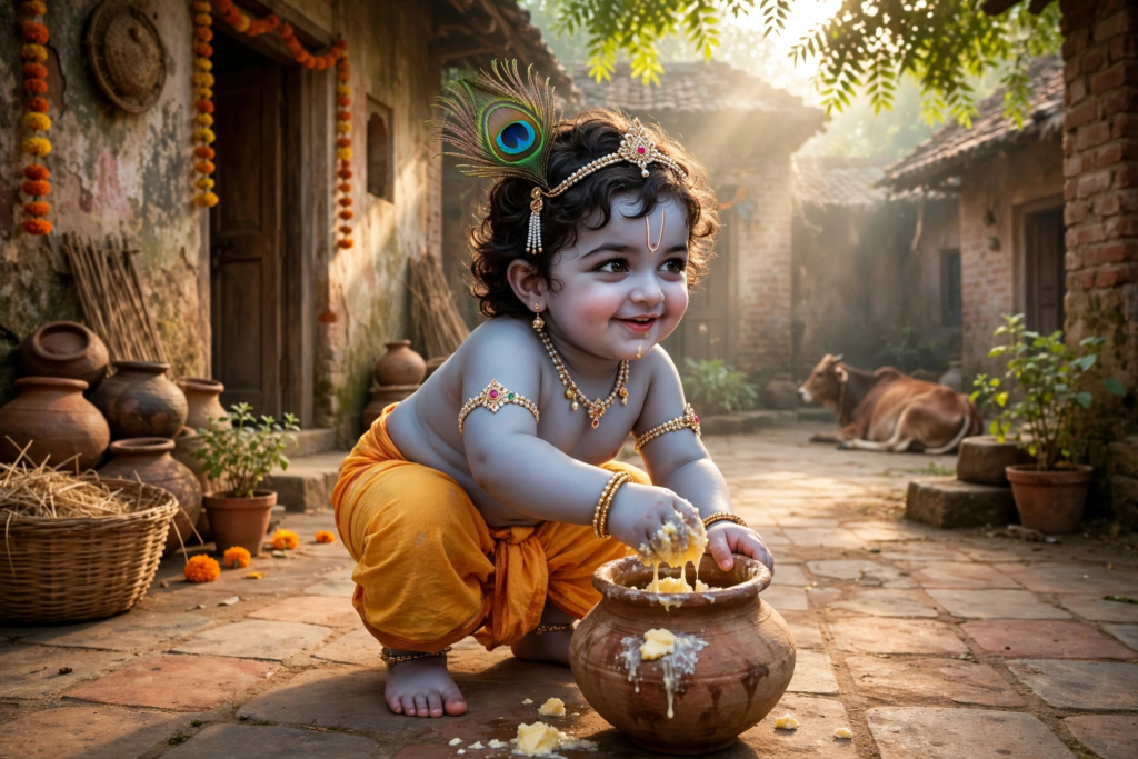 Bal Krishna scooping butter from a clay pot in a Vrindavan courtyard