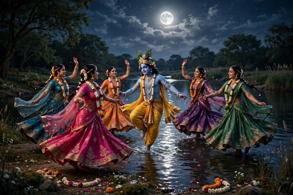 Krishna playing flute under full moon on Yamuna bank with gopis dancing in Raasleela