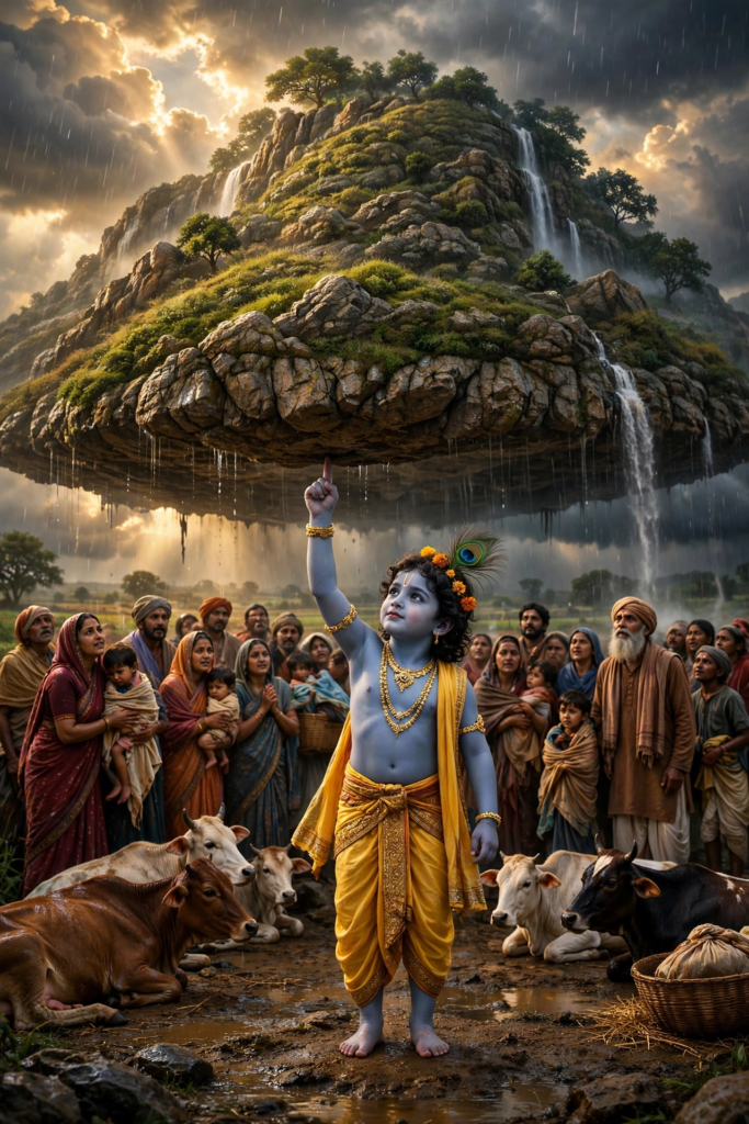 Young Krishna lifting Govardhan mountain on his little finger while villagers and cows shelter below