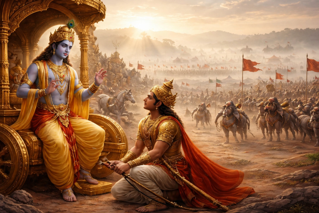 Krishna as charioteer guiding Arjuna on a golden chariot at sunrise on the Kurukshetra battlefield