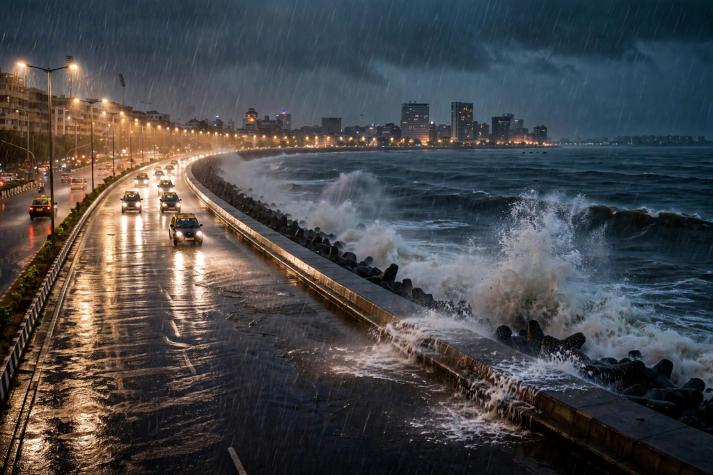 Mumbai Marine Drive in heavy monsoon rain at night, wet road reflecting city lights, waves splashing over promenade wall