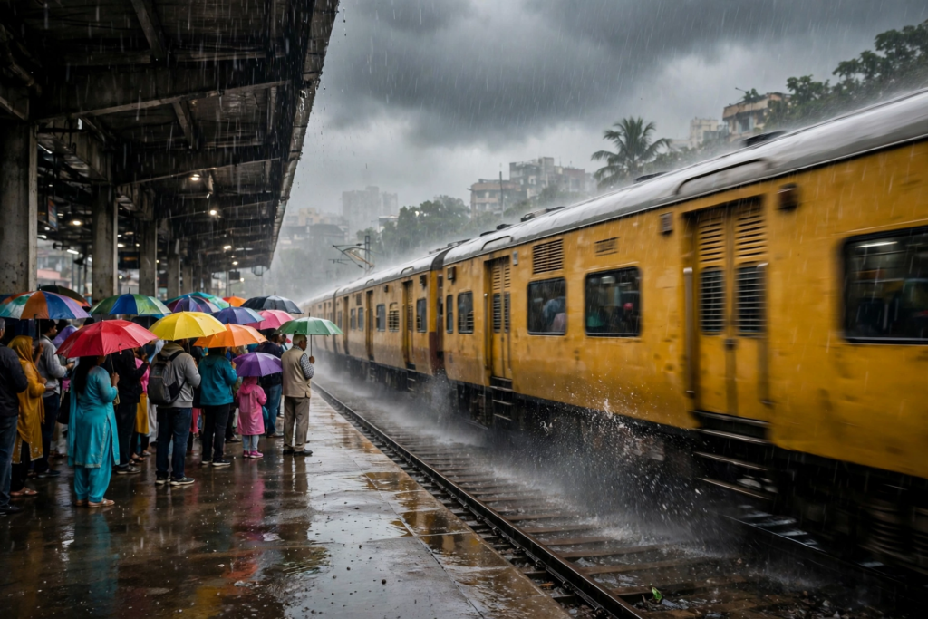 Mumbai local train passing through rain, people with colourful umbrellas on wet platform, yellow train, monsoon clouds