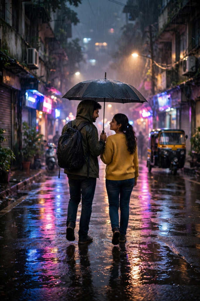 Couple sharing one umbrella on rain-soaked Mumbai street at night, neon signs reflecting in puddles
