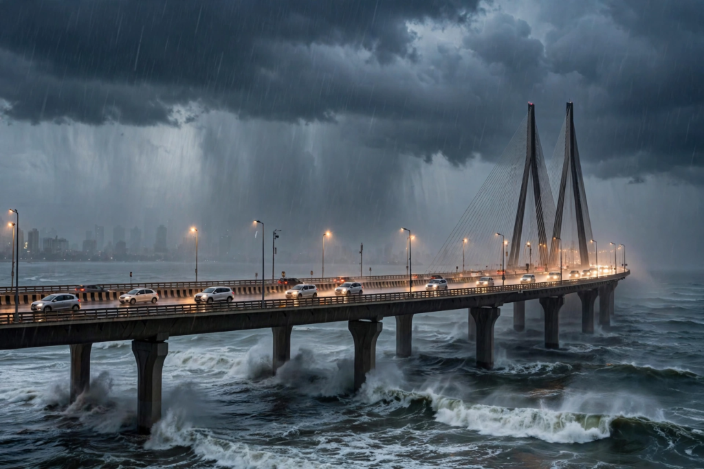 Mumbai Bandra-Worli Sea Link in monsoon rain, dramatic dark clouds, waves below, cars with headlights on wet bridge