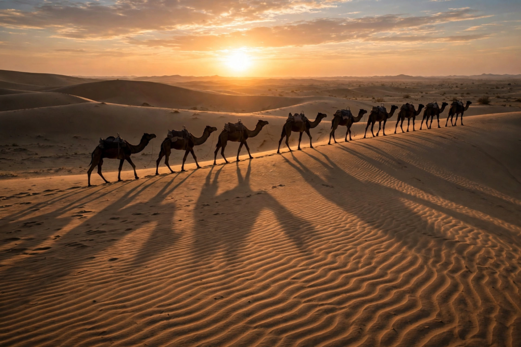 Camel caravan silhouetted against sunrise over golden Thar desert dunes with long shadows on rippled sand