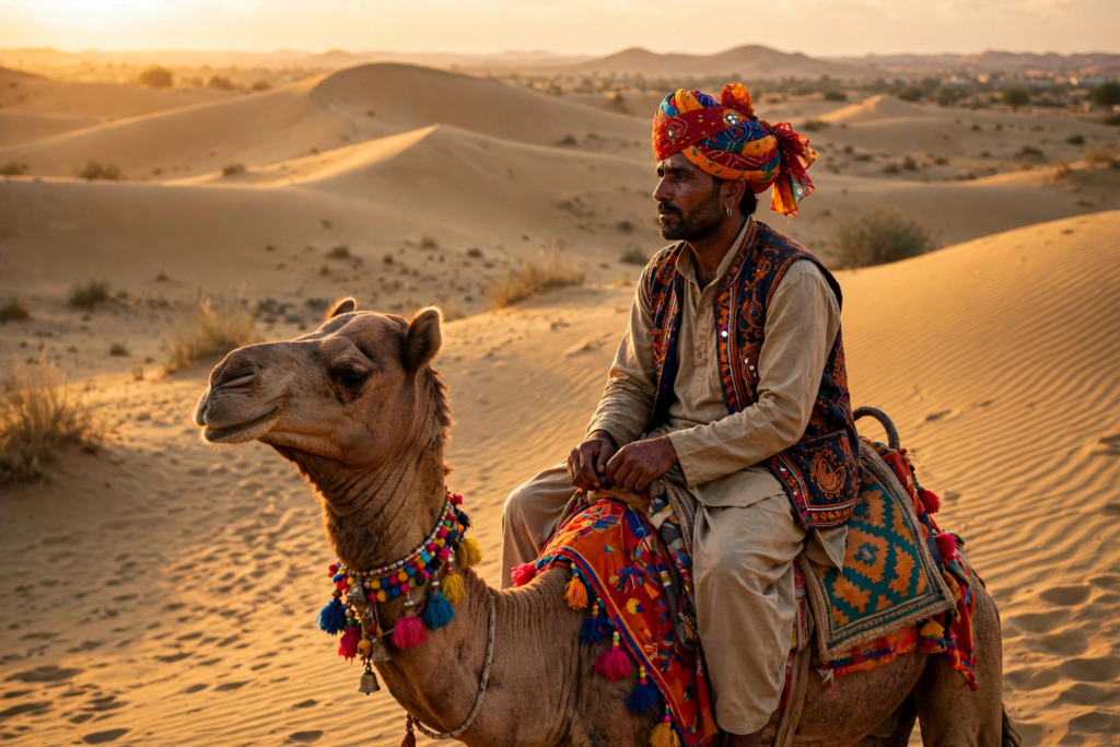 Traveller in colourful Rajasthani turban riding a decorated camel across Sam dunes at golden hour