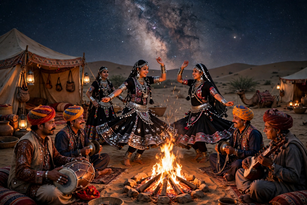 Rajasthani folk dancers performing Kalbeliya dance around a bonfire at a desert camp under a starry sky