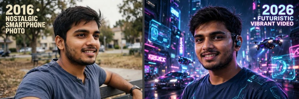2016 vs 2026 AI video prompts Hindi — purana self aaj ke self se milta hua nostalgic scene