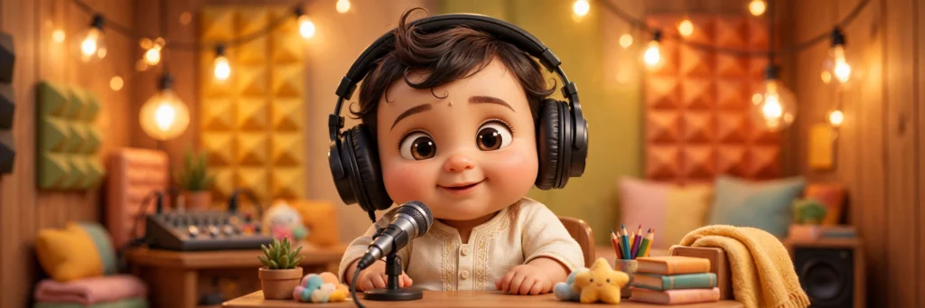 AI baby video trend prompts Hindi — cute baby podcast host wala 3D scene