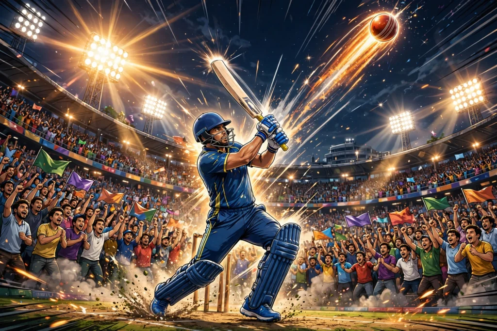 Cricket AI video prompts Hindi — stadium me sixer marta batsman