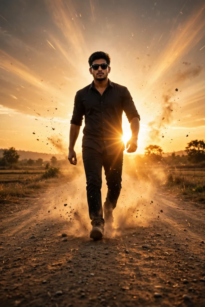 Slow motion hero entry walk — black shirt aur sunglasses pehne ladka golden sunlight aur udti dhool ke beech sadak par chalta hua
