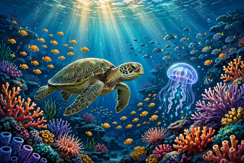Underwater AI video prompts Hindi — samundar me kachua aur jellyfish