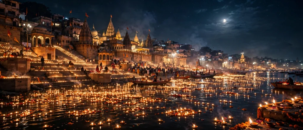 Dev Deepawali AI video prompts Hindi — Kashi ke ghaton par tairte diye aur Ganga aarti wala scene