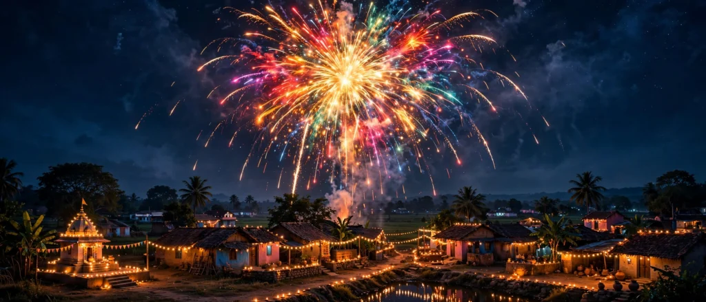 Diwali rocket blast AI video prompts Hindi — raat ke aasmaan me phootte rockets aur roshni se jaga sheher