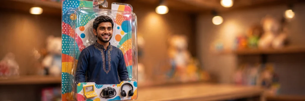 Nano Banana 3D action figure AI video prompts Hindi — blister pack wala viral toy trend