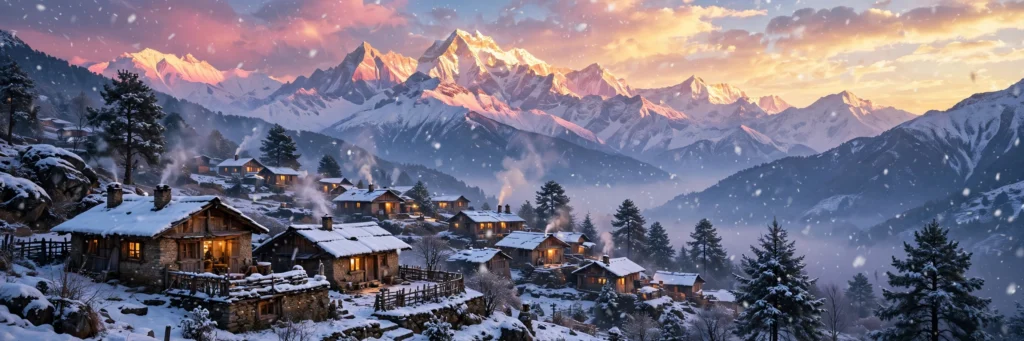 Winter cinematic AI video prompts Hindi — barf se dhake pahad aur snowfall wala scene