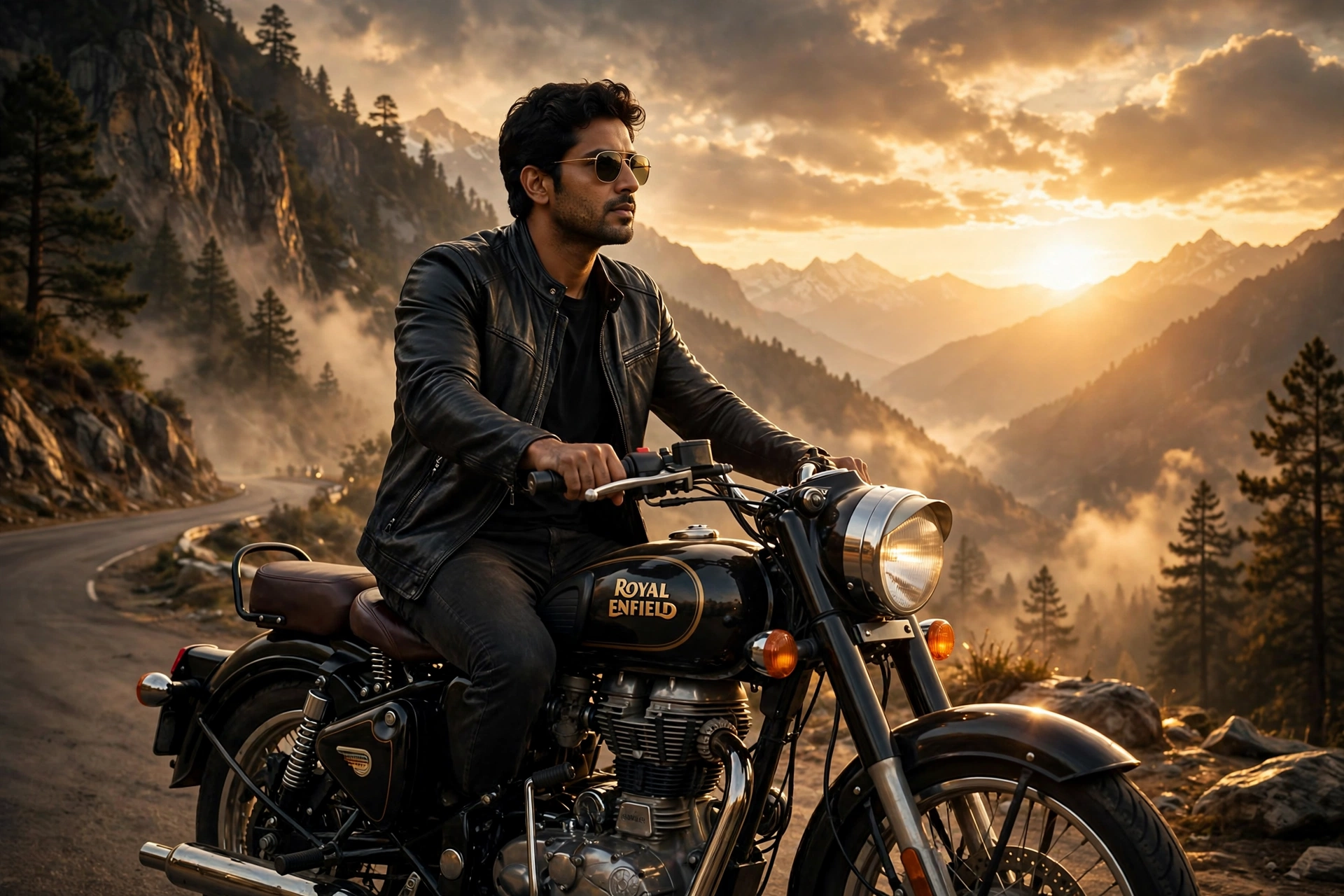 Bike hero entry — black jacket pehne ladka Bullet style bike par baitha, peeche pahadi road aur shaam ka aasmaan