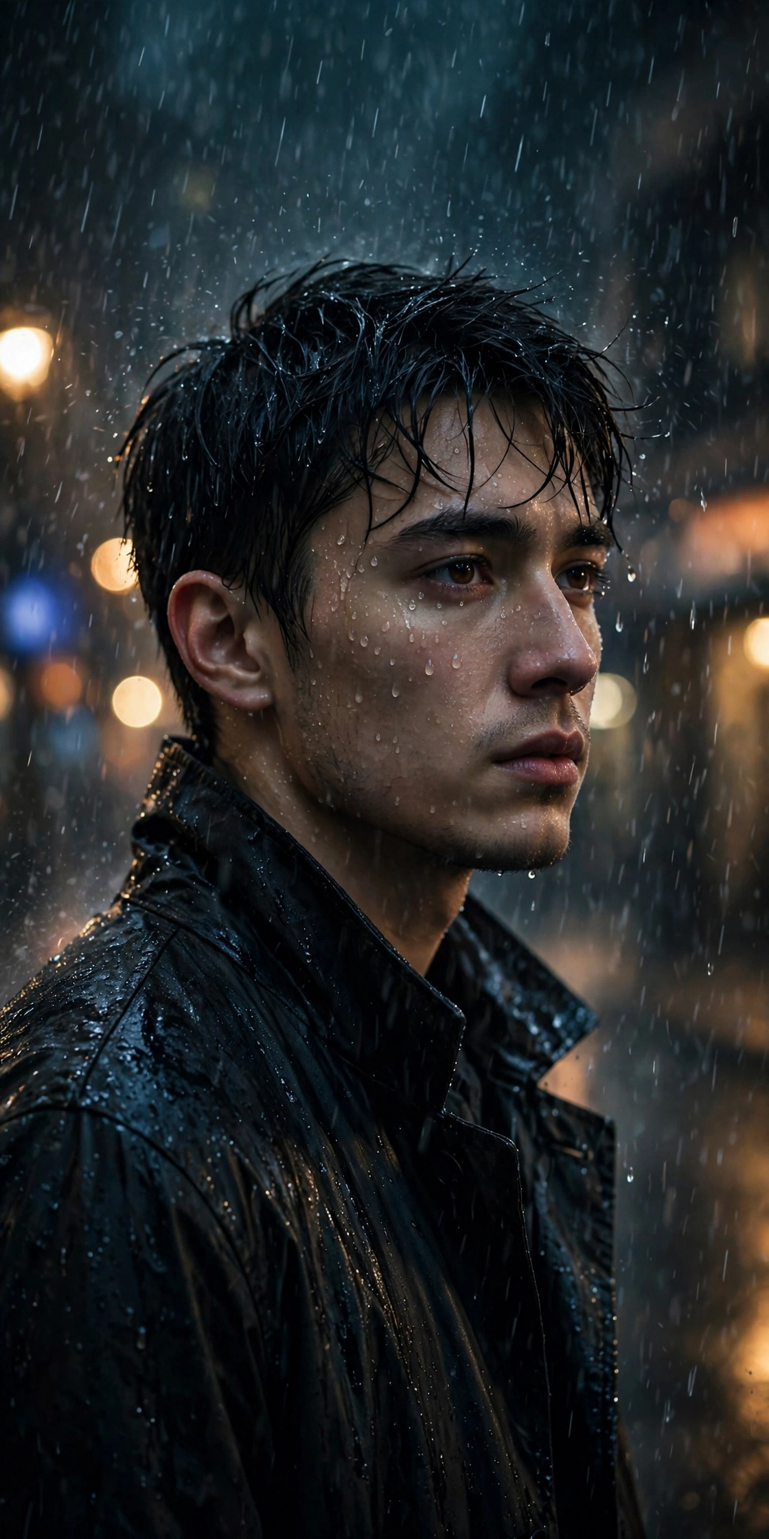 Rain hero entry — baarish me dark coat pehne ladka, chehre par paani ki boondein aur peeche blur street lights