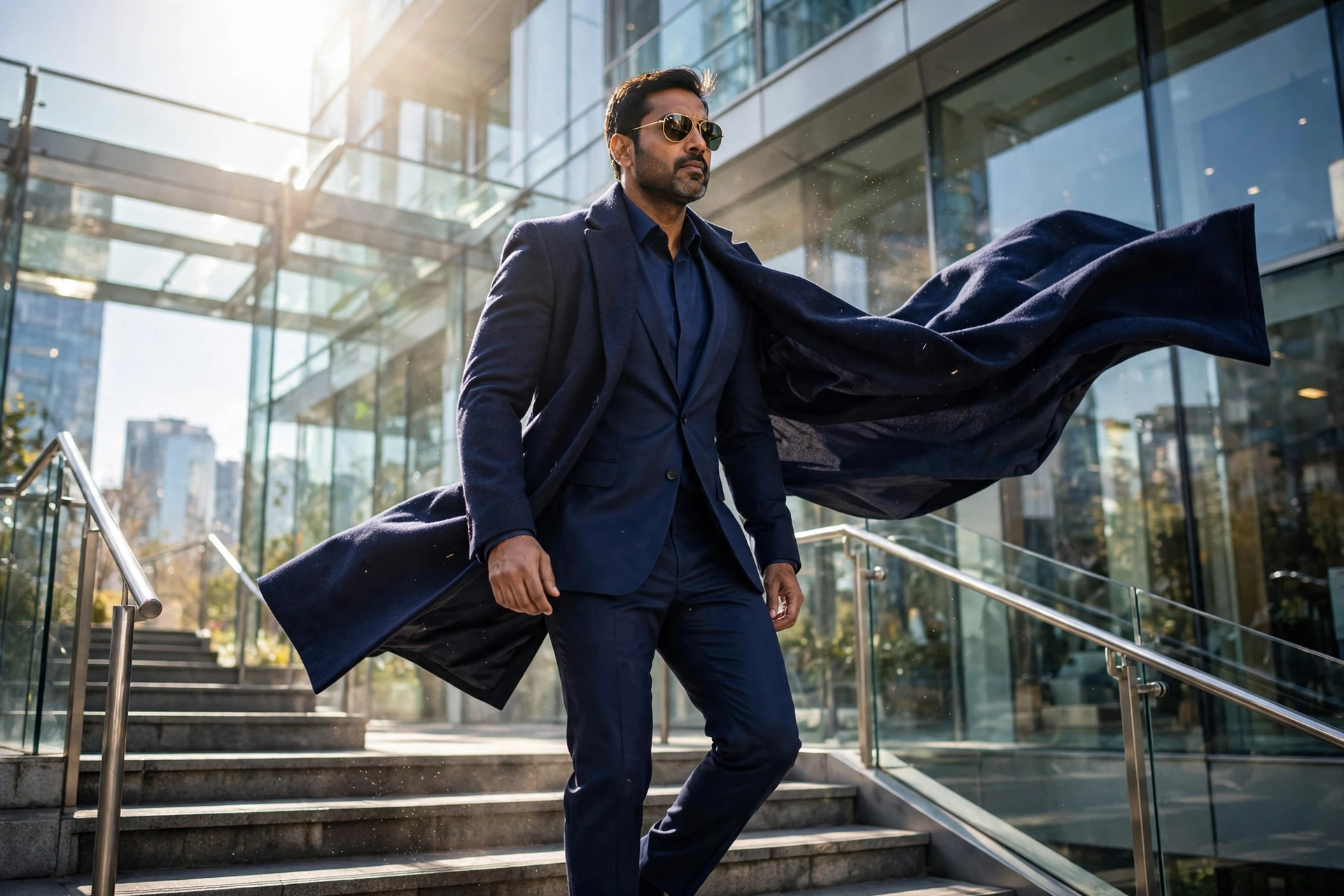 Boss hero entry — navy blue suit aur sunglasses me ladka modern glass building ki seedhiyon se utarta hua