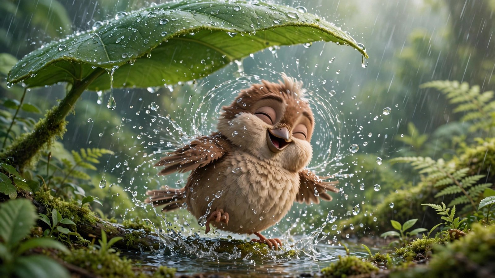 Sparrow Bathing in Rain, AI preview