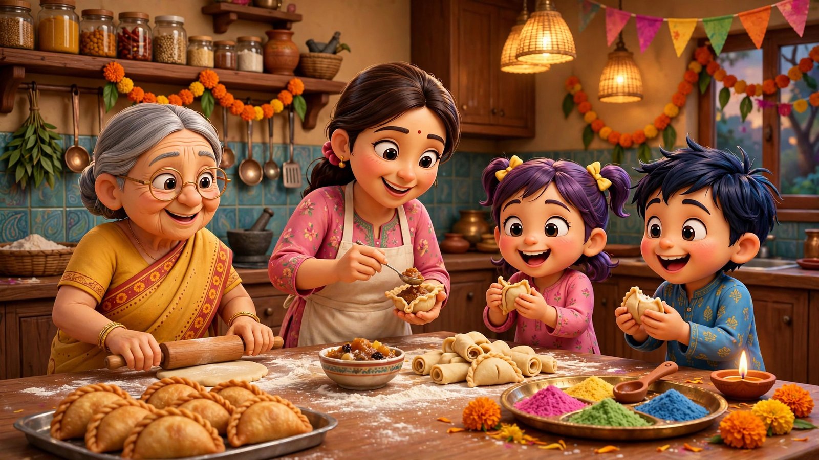 Gujiya Banati Cartoon Family, AI preview