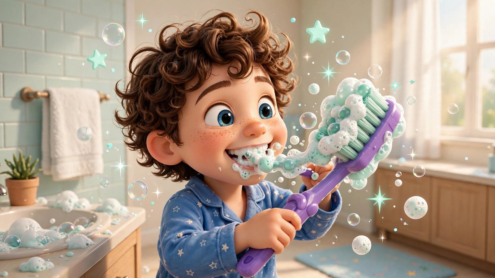 Cartoon kid brushing teeth, AI preview