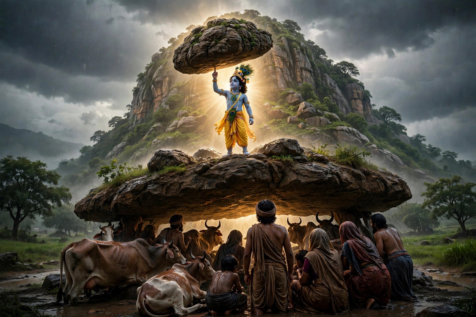 Krishna Govardhan parvat uthate hue, AI preview